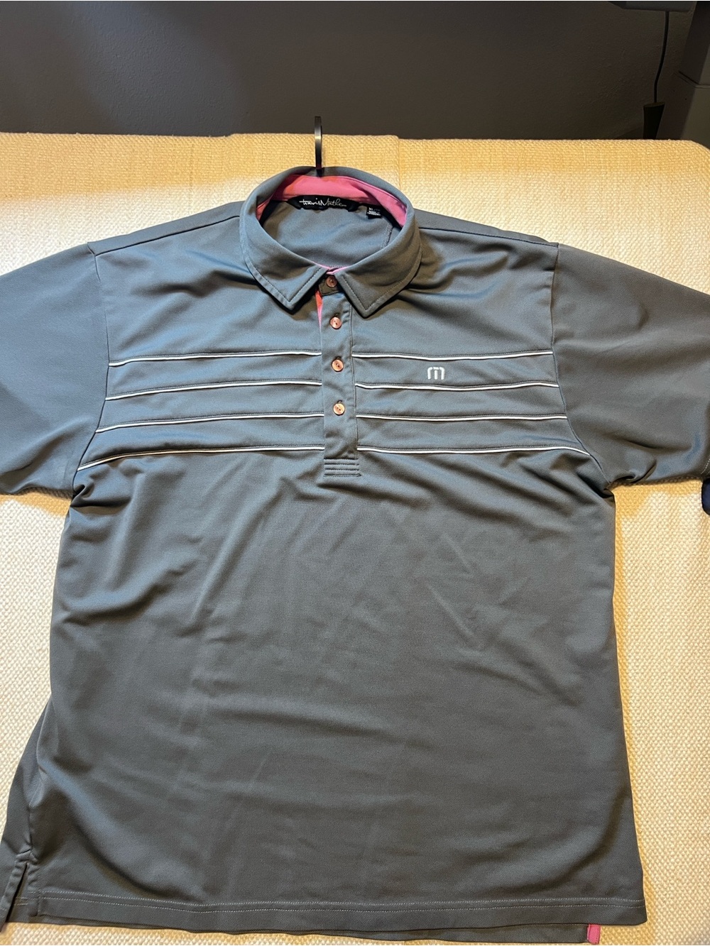 Travis Mathew Polo Shirt in Charcoal with Contrast Pink Trim